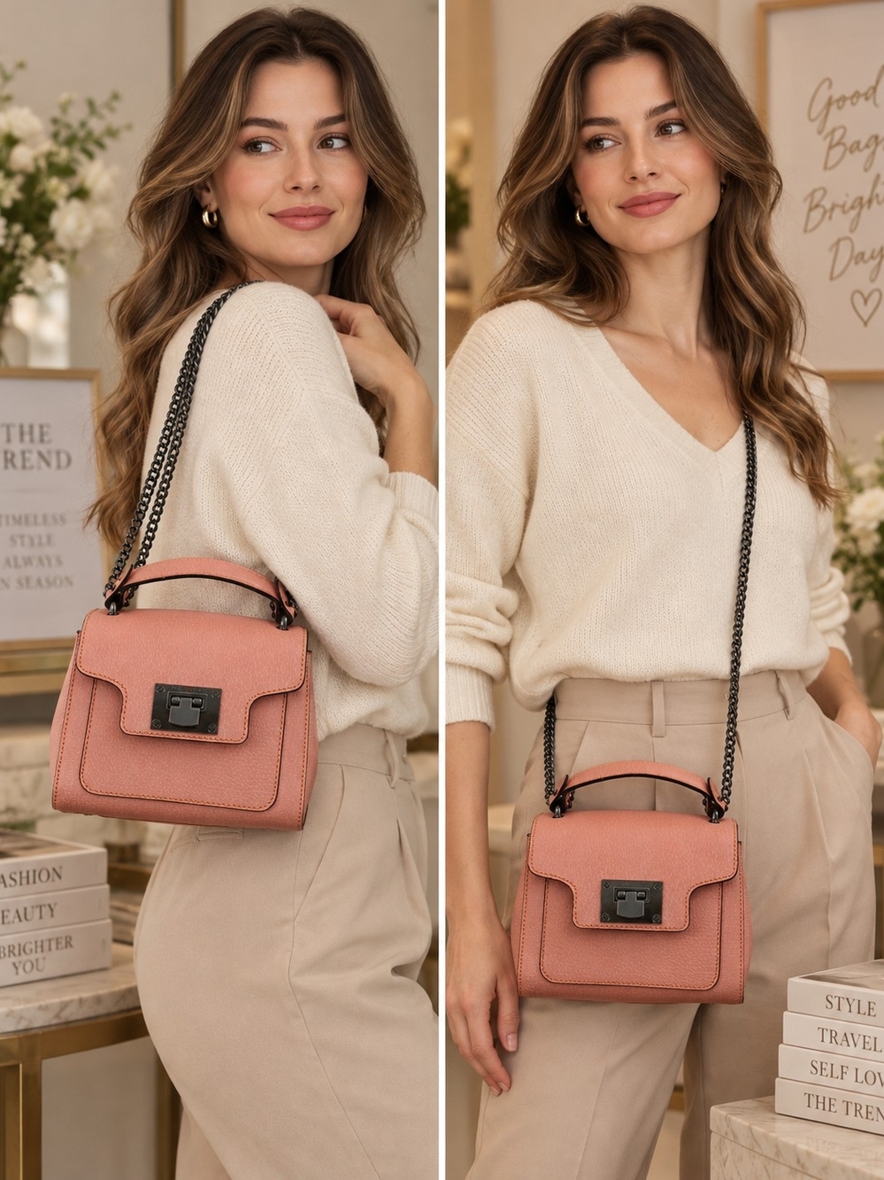 THE TREND Structured Pink Top-Handle Satchel with Chain Strap